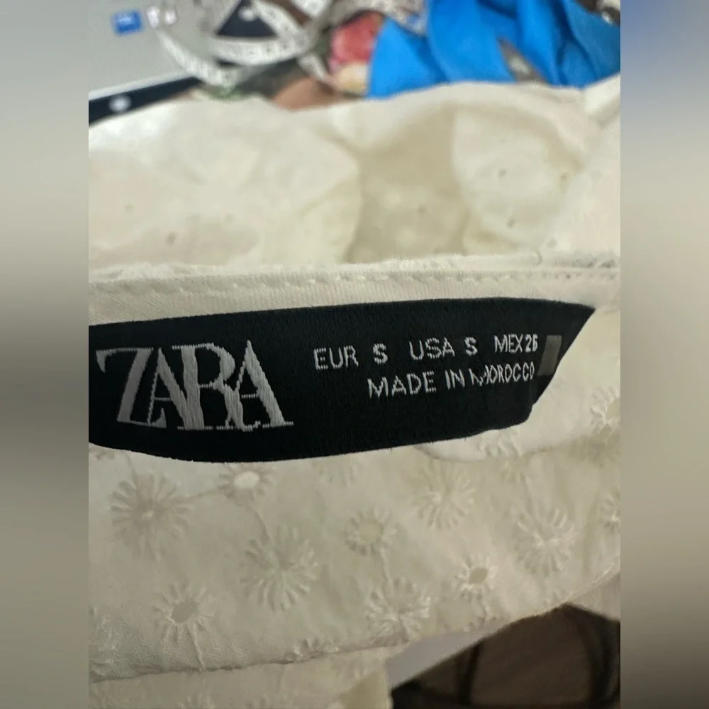 ZARA Blouse Small White Eyelet Cotton Puff Sleeve Embroidered Top Boho wb